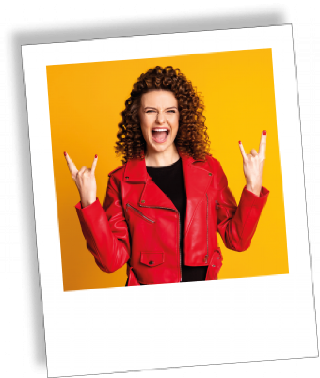 Polaroid-Foto einer Frau mit Rockerzeichen